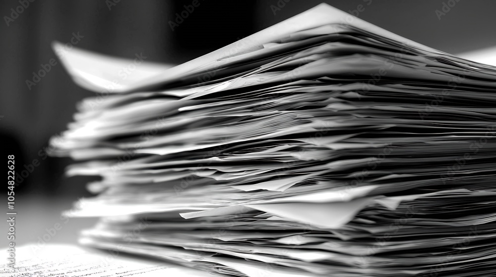 Aufkleber monochrome stack of unsorted papers representing office overload : generative ai
