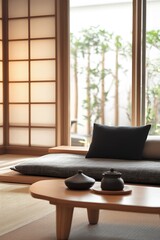 Japanese Zen Interior Design with Shoji Screen and Traditional Tea Set : Generative AI