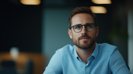 Fototapeta premium thoughtful man with glasses is sitting in modern office environment, reflecting on ideas. His expression conveys focus and determination, making scene engaging and relatable.