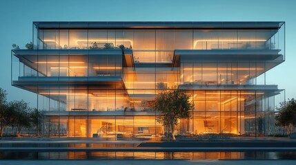 Modern architectural design featuring glass and illuminated spaces.