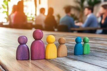 Colorful wooden figures as business meeting concept diversity inclusion and teamwork : Generative AI