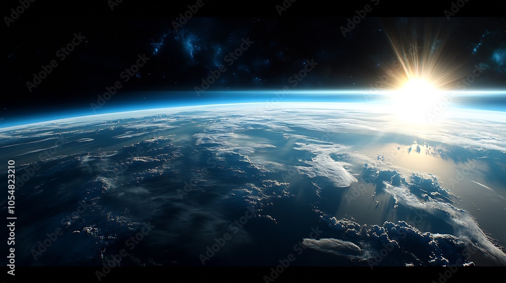 Poster Stunning View of Earth from Space with Illuminating Sunburst Over Horizon for Science and Nature Enthusiasts : Generative AI