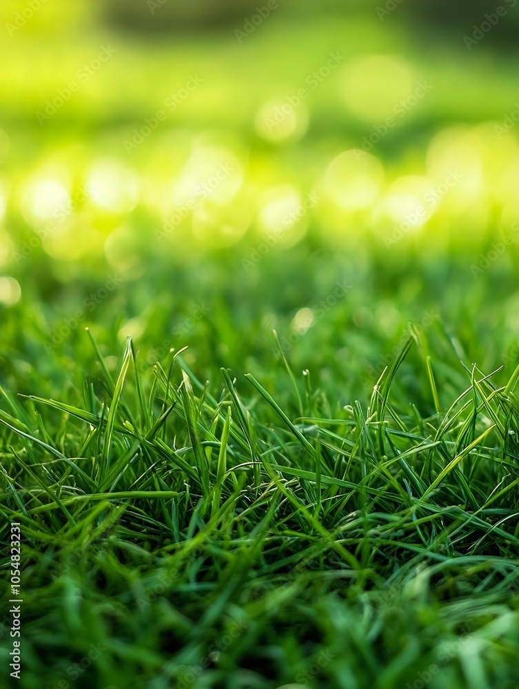 Poster close up of vibrant green grass blades in sunlight creating serene nature background for wellness an