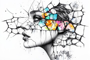 Black-and-white female profile surrounded by colorful, fractured geometric patterns, reflecting emotional fragmentation, creativity, and personal healing in abstract digital artwork.
