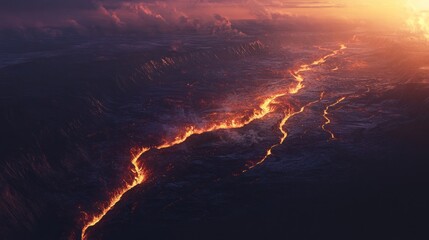 Aerial view of a fiery river of lava flowing through a dark and rugged landscape with a dramatic sunset sky.