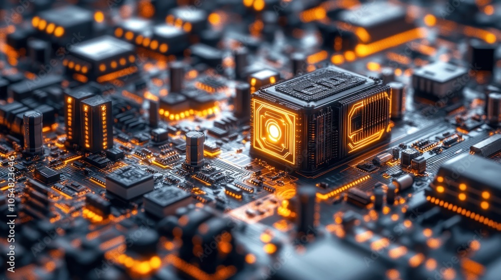 Aufkleber close-up of a futuristic circuit board with glowing components.