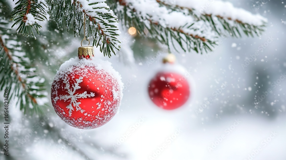 Poster beautiful snowy christmas tree branch with red ornaments creating a festive winter scene : generativ