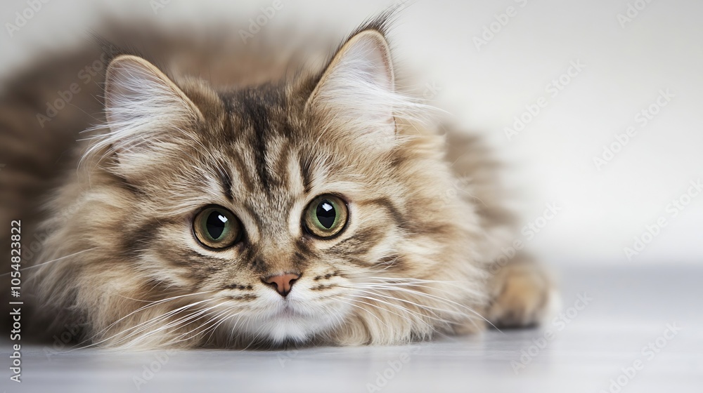Poster Charming Fluffy Kitten Staring Inquisitively on Smooth Indoor Surface in Neutral Setting : Generative AI