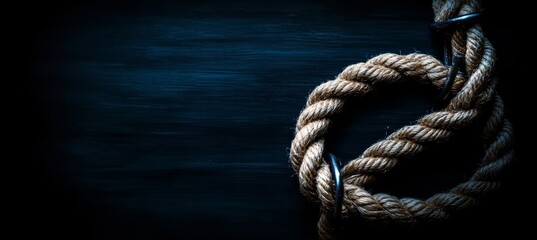 Fototapeta premium Suicide rope on dark copy space background. Human social life issues. Generative AI technology. 