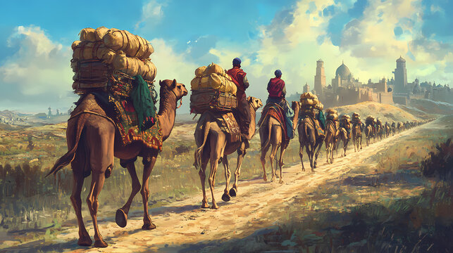 Caravans traverse the silk road, their camels laden with goods from distant lands, forging connections and trading stories along the ancient trade route. Ancient Silk Road Caravan. Illustration