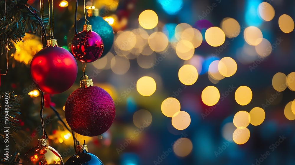 Poster festive christmas ornaments on twinkling christmas tree branches in soft focus : generative ai