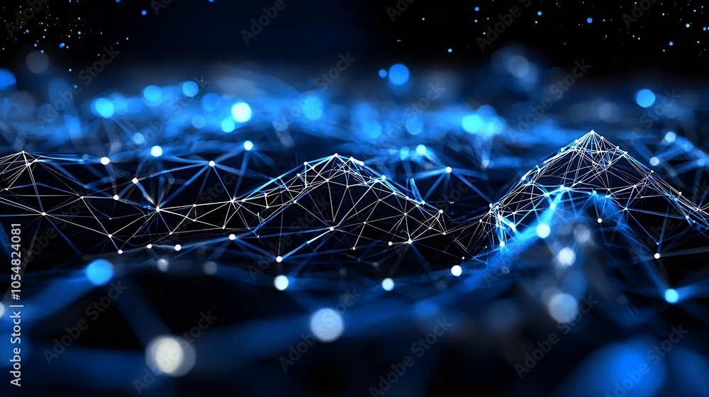 Poster Futuristic Digital Network with Blue Connections and Dots on Dark Background : Generative AI