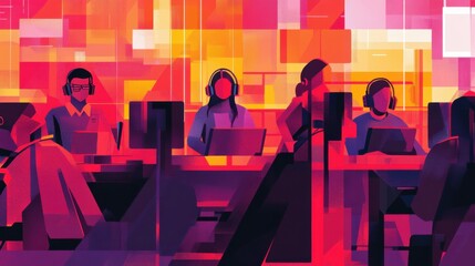 Global support staff illustration, featuring multiple operators in a call center, flat and vibrant design