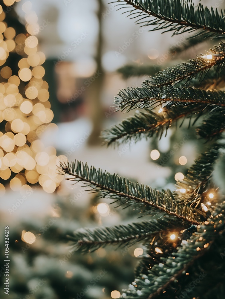 Poster closeup of christmas tree branch with warm white twinkle lights : generative ai