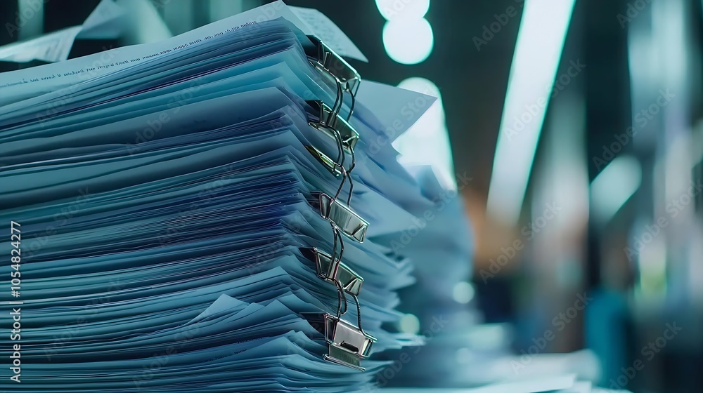 Poster stack of blue documents with paperclips symbolizing office work overload : generative ai