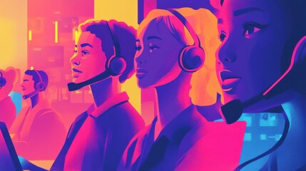 Global support staff illustration, featuring multiple operators in a call center, flat and vibrant design