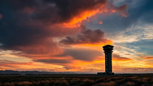 An airport control tower stands tall against a vibrant sunset sky