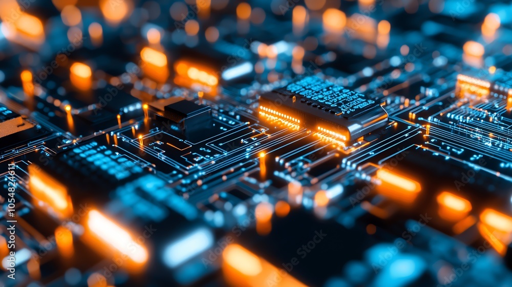 Poster Advanced Technology Circuit Board Illuminated in Blue and Orange Lights : Generative AI