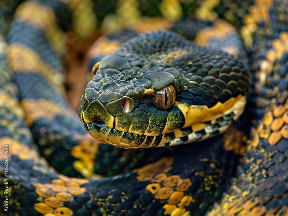 Sticker Close-Up of a Green and Yellow Snake with a Striking Eye