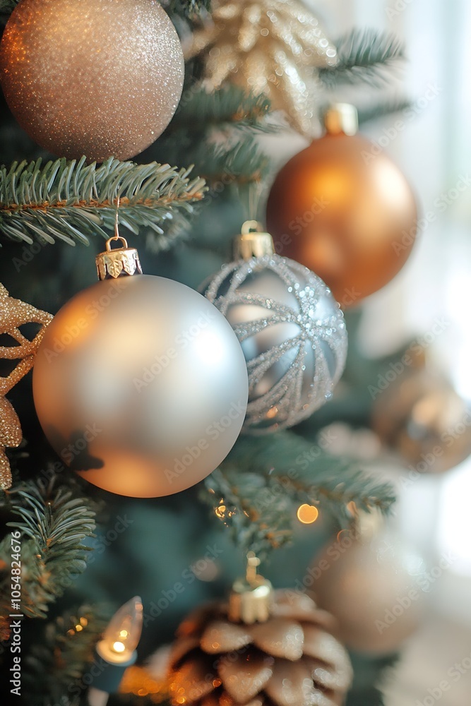 Poster assorted metallic christmas baubles hanging elegantly on a festive tree : generative ai