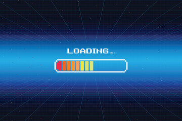LOADING bar .pixel art .8 bit. retro game. for game assets in vector illustrations. Retro Futurism Sci-Fi Background. glowing neon grid and star from vintage arcade computer game.