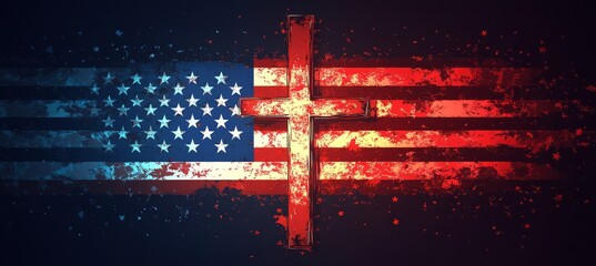Jesus Cross and America flag. Religion faith worship spirituality concept. 4th of July or American independence day. Grunge vintage effect. Generative AI technology.