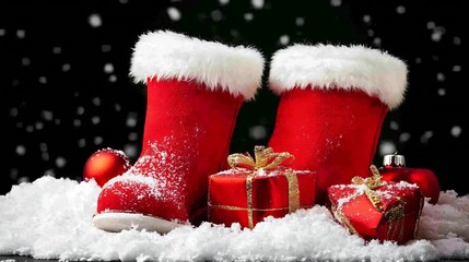 Christmas Red Boots and Gift Boxes in Winter Snow With Festive Decor : Generative AI