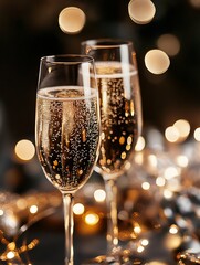 Elegant Sparkling Wine Glasses Set Against Warm Festive Bokeh Celebration Moment : Generative AI