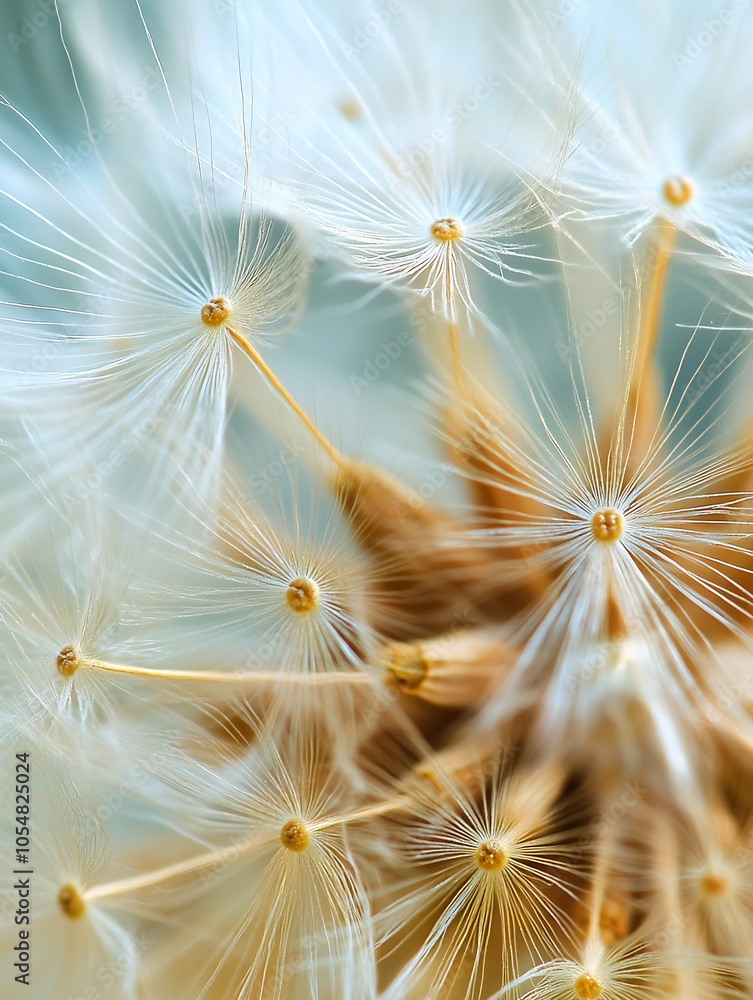Poster fluffy delicate dandelion seeds ready for dispersal in soft light : generative ai