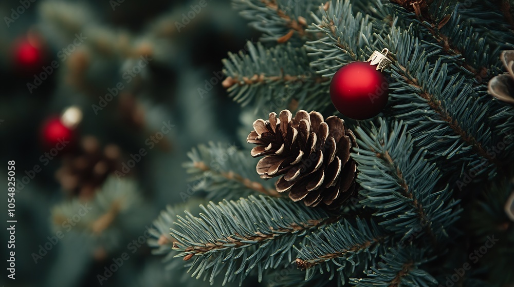 Poster pinecones and red baubles adorn a scented evergreen branch for christmas : generative ai