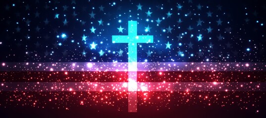 Jesus Cross with America flag background. Religion faith worship spirituality concept. 4th of July or American independence day. Generative AI technology.