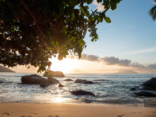 Stunning views of empty beaches of the wonderful islands of Seychelles. Beautiful landmark. Clear, sunny day, warm sunlight. No people, outdoors. Concept of leisure and travel
