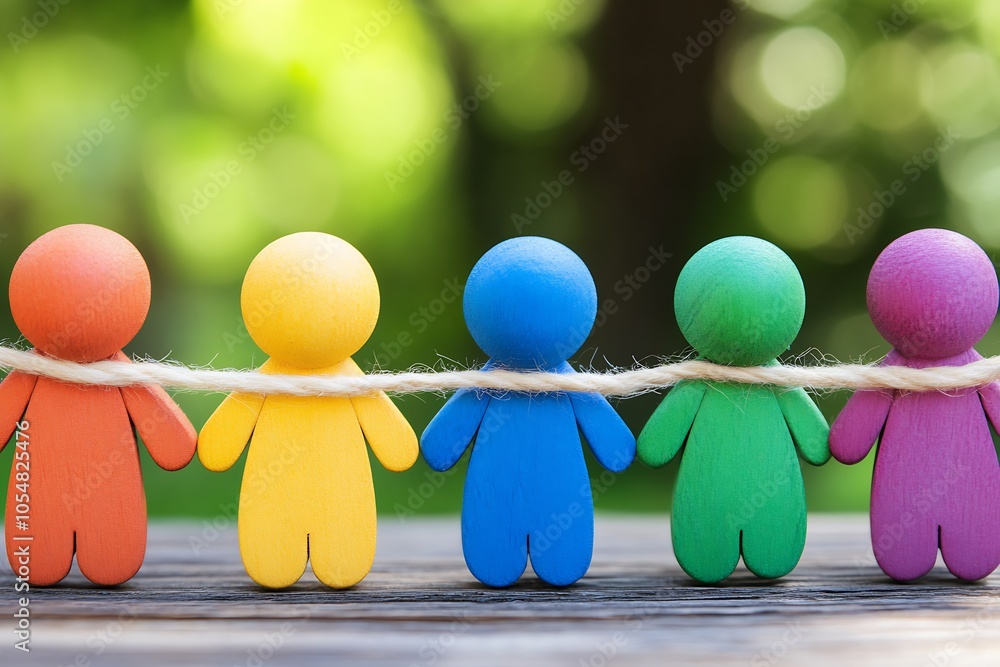 Poster colorful figurines connected by string symbolizing unity diversity and team spirit in sunlight : gen