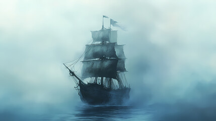 Creepy pirate ghost ship sailing through foggy waters, pirate, ghost, ship, spooky, haunted, abandoned, eerie, ocean, sea. Ghost Ship. Illustration