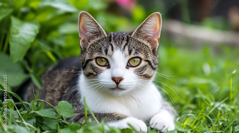Poster adorable tabby cat resting on lush green grass in serene garden setting : generative ai