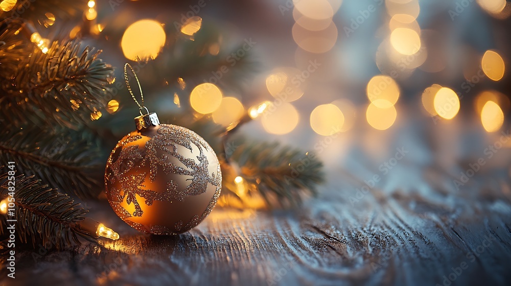 Aufkleber Golden Christmas Ornament on Rustic Wooden Surface with Evergreen Branch in Warm Glowing Lights : Generative AI
