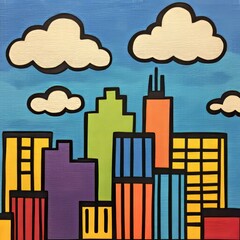 Naklejka premium Colorful city skyline illustration with clouds and vibrant buildings.