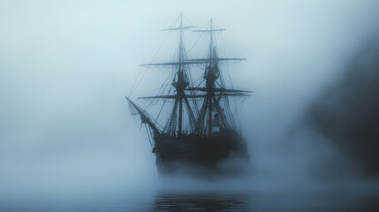 Obraz premium Creepy pirate ghost ship sailing through foggy waters, pirate, ghost, ship, spooky, haunted, abandoned, eerie, ocean, sea. Ghost Ship. Illustration