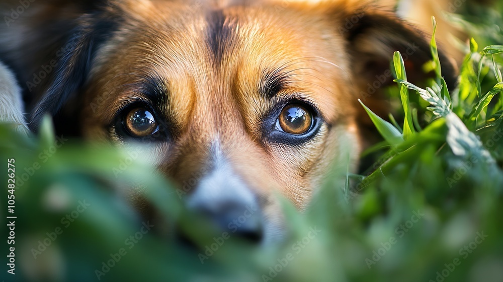 Poster Closeup of a Watchful Dog in Vibrant Green Grass Capturing Intense Gaze and Rusty Brown Fur : Generative AI