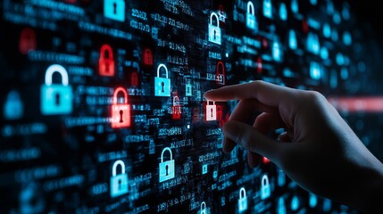 Hand Interacting with Digital Cybersecurity Interface Highlighting Online Data Protection : Generative AI