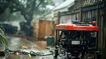 Naklejka premium A portable generator running providing electricity to power tools despite the rain.