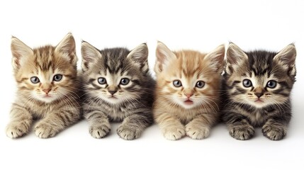 Adorable Four Kittens in a Row with Curious Expressions and Fluffy Fur Lying on White Background : Generative AI