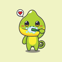 Chameleon brushing teeth cartoon vector illustration