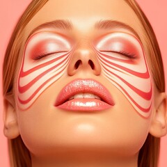 Obraz premium A close-up of a model with artistic face makeup and vibrant colors.