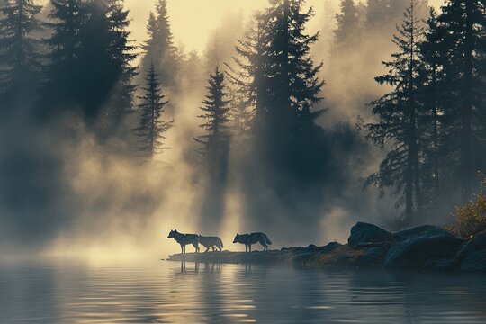 misty morning on the river with pack of wolves