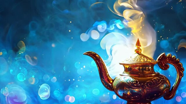 Glowing smoke out of golden magic lamp, on bright blue backdrop magic genie lamp emitting blue smoke