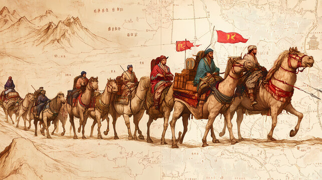 Ancient trade routes map caravan journey historical context. silk road. illustration. Ancient Silk Road Caravan. Illustration