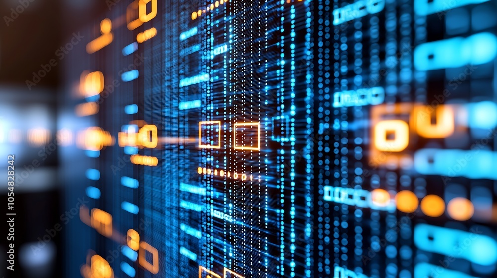 Poster Futuristic Digital Circuit Data Stream Background with Blue and Orange Highlights : Generative AI