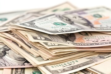 Stack of US Dollar Bills in Various Denominations Closeup with White Background : Generative AI