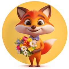 Fototapeta premium Round fox with a bowtie, holding a bouquet of flowers, 3D illustration